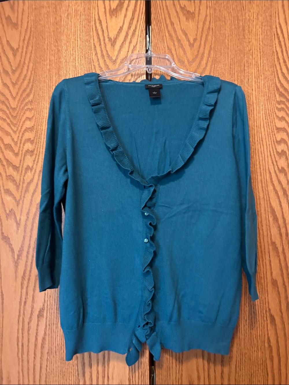 Ann Taylor Teal Ruffle-Trim cardigan